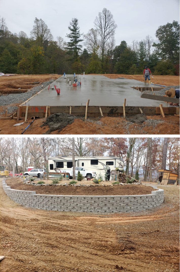 Concrete slab foundation and a retaining wall